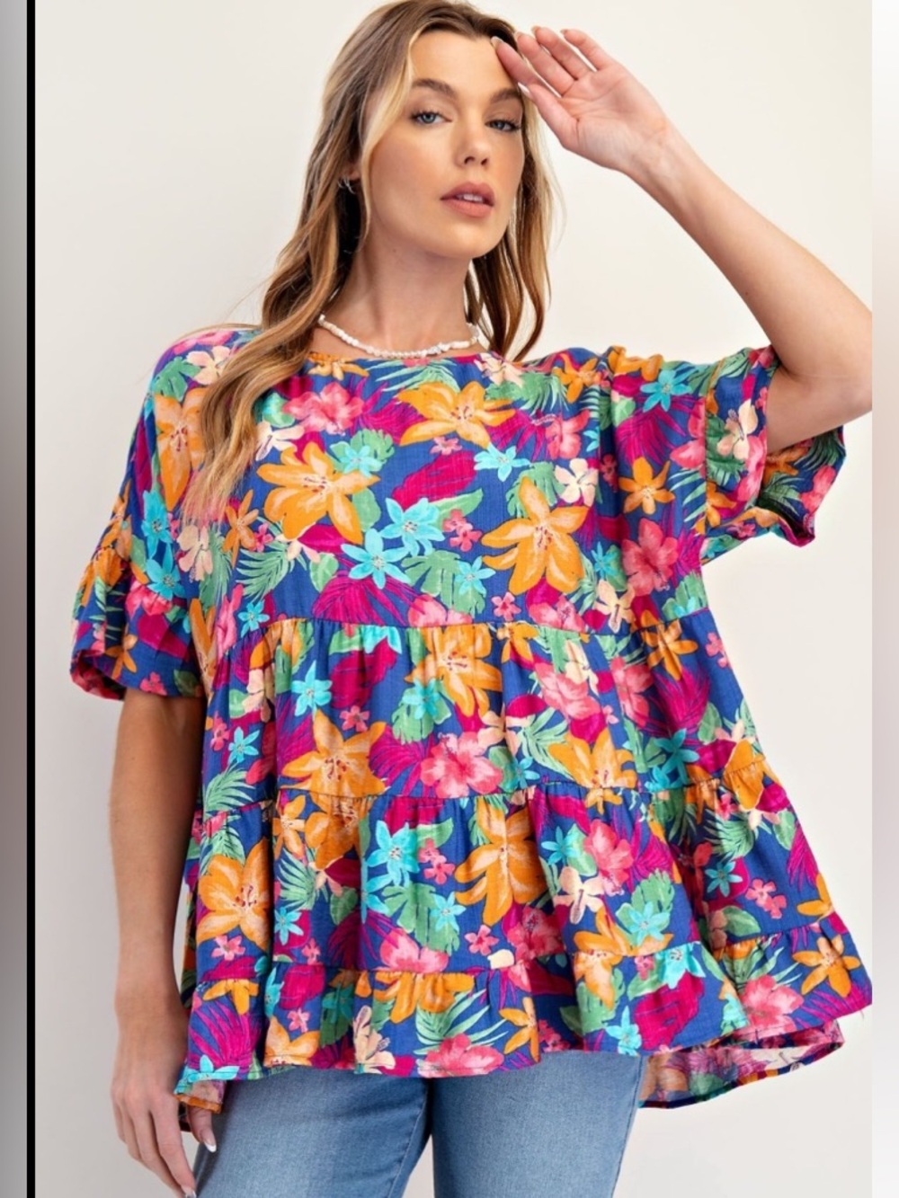 easel Floral Tiered Short Sleeve Top in Purple, Orange, Pink, Teal New With Tags